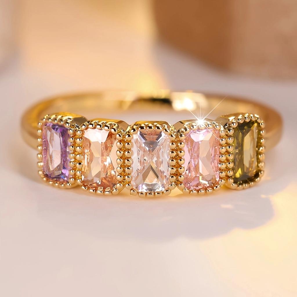 Luxury Multicolor Rectangle Zircon Open Ring for Women Elegant Daily Party Finger Jewelry