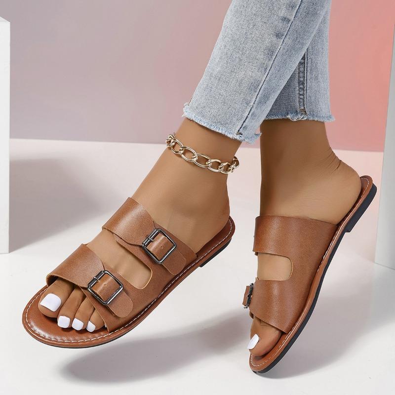 Large Size Buckle Flat Bottom One-word Shoes Women's Open-toed Retro Wind Beach Cool Slippers