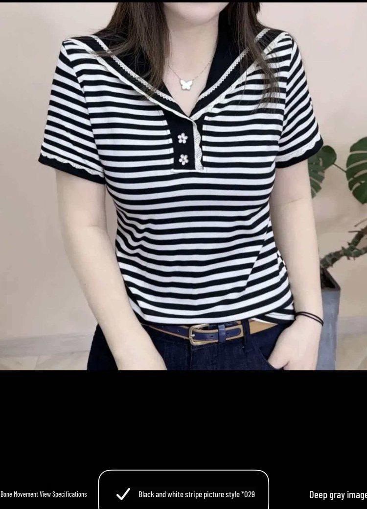 

2026 Summer Stylish Navy Collar Women s T-shirt - Short Sleeve, Flattering, Age-Defying, Versatile Top XL (110-120 Jin recommended)
