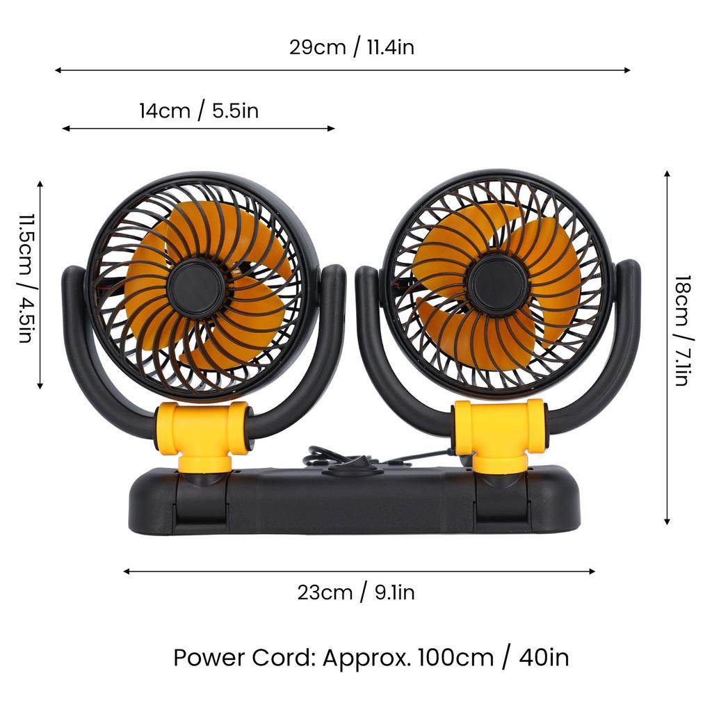 Dual Head Car Fan Adjustable 2 Speed 360 Degree Rotation Dashboard Mount Brushless Motor Portable Vehicle Cooling DC12V