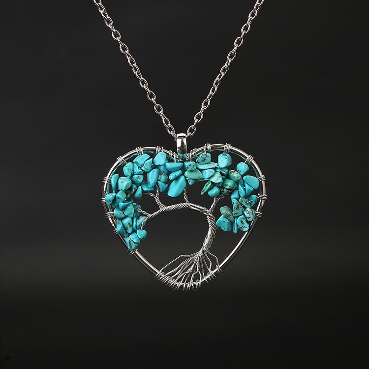 Seven-Color Heart-Shaped Tree of Life Necklace with Natural Stone Crystals