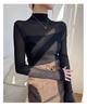 Women's Slim-Fit Velvet Base T-Shirt with Mesh Sleeves: Elegant Half-High Collar for Autumn/Winter