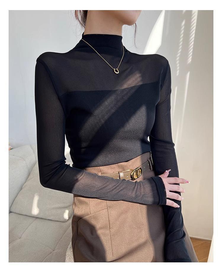 Women's Slim-Fit Velvet Base T-Shirt with Mesh Sleeves: Elegant Half-High Collar for Autumn/Winter