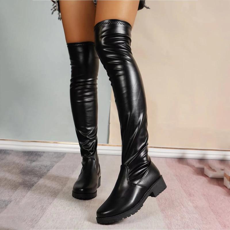 Chunky Heels Over Knee Boots For Women Thigh High Flat Boots Ladies Solid Color Shiny Leather Large Boots Black Slim Shoes