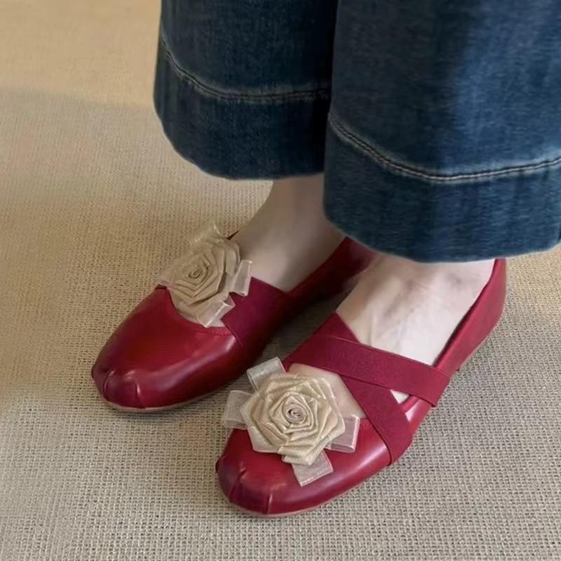 Schafsleder Französische Vintage Blume Mary Jane Einzelne Schuhe Damen 2025 Vielseitige Gekreuzte Elastische Ballerinas