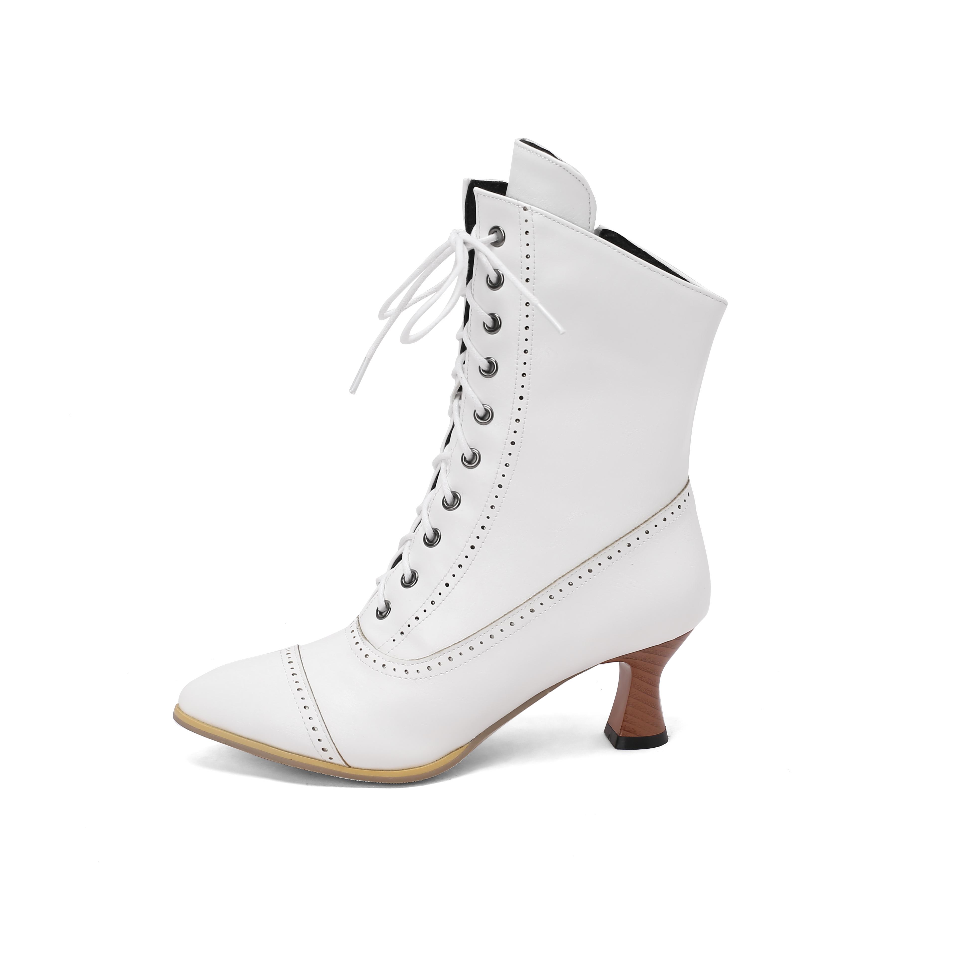 

Жіночі короткі чоботи на високих підборах, однотонні гострі ретро різьблені короткі чоботи, осінь і зима Нові великі жіночі 43 білий