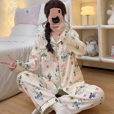 Ledig Blommig Vintage Pyjamas Set för Kvinnor Reverskrage Enkel Dam Pyjamas Höst Vinter Långärmad Nattkläder