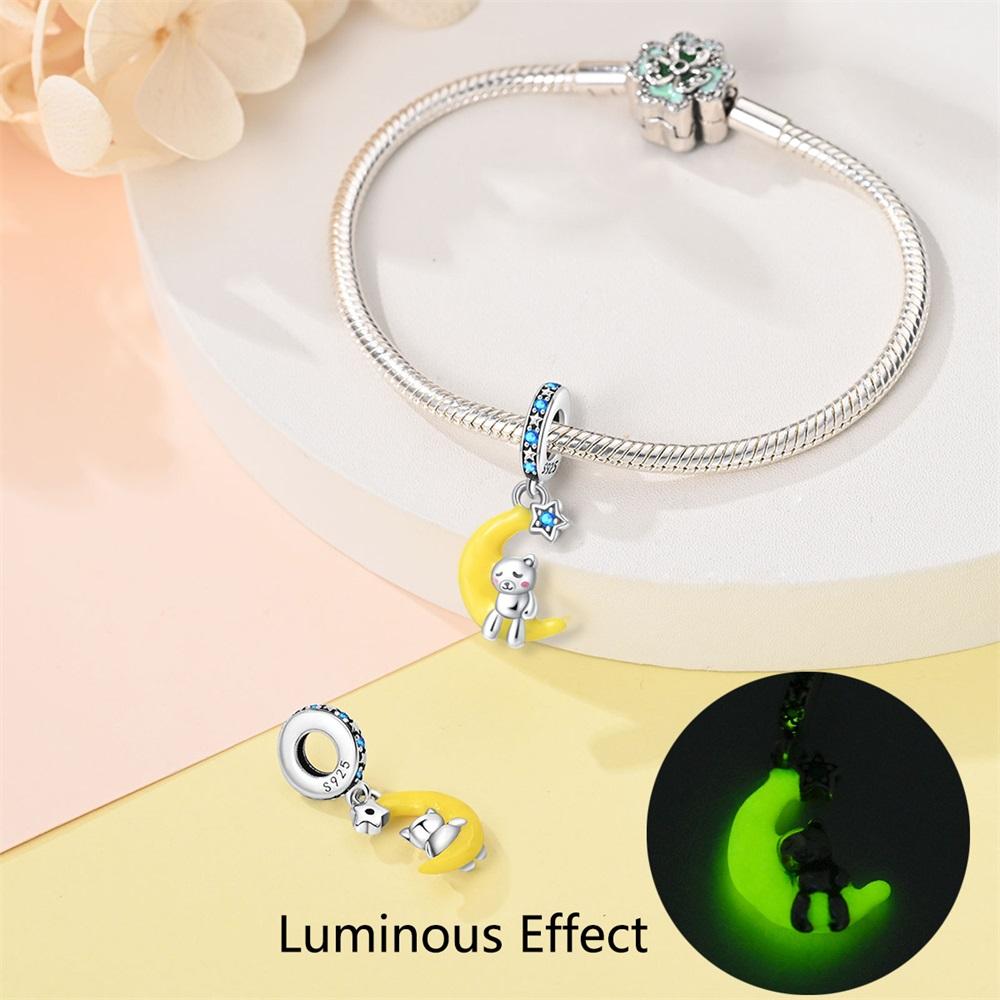Cute copper Color Glowing Moon & Star Dangle Charm Fits Original Bracelet Women Summer Ocean Beads For Gold Zircon Gift