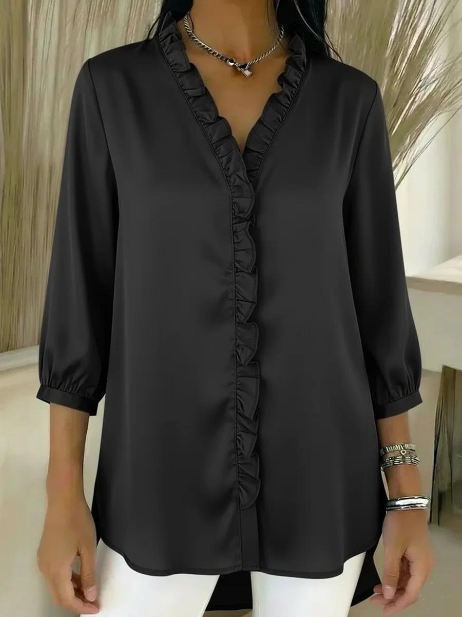 Women Casual Satin V Neck Ruffled Three Quarter Sleeve Loose Blouse Top S чёрный
