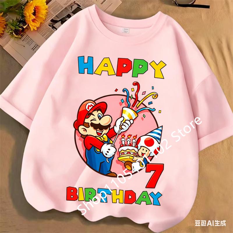2026 New Super Marios Bros Childrens Pure Cotton Tshirts Anime Birthday Numbers 19 Cute Anime Childrens Casual Tshirts