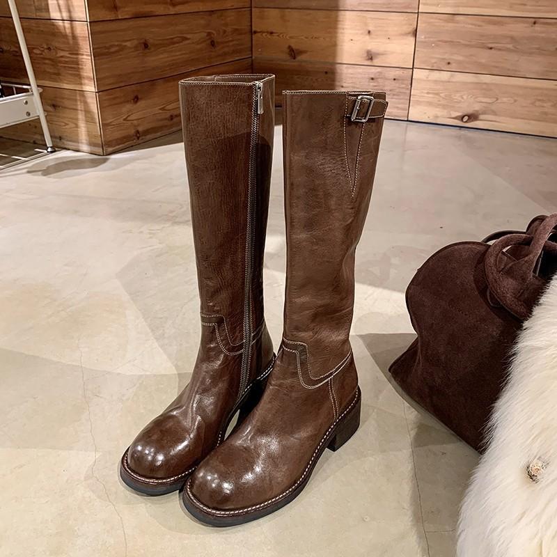 

! Сапоги женские рыцарские из вымытой лошадиной кожи с круглым носком, в стиле ретро, на толстом каблуке с пряжкой 40 коричневый