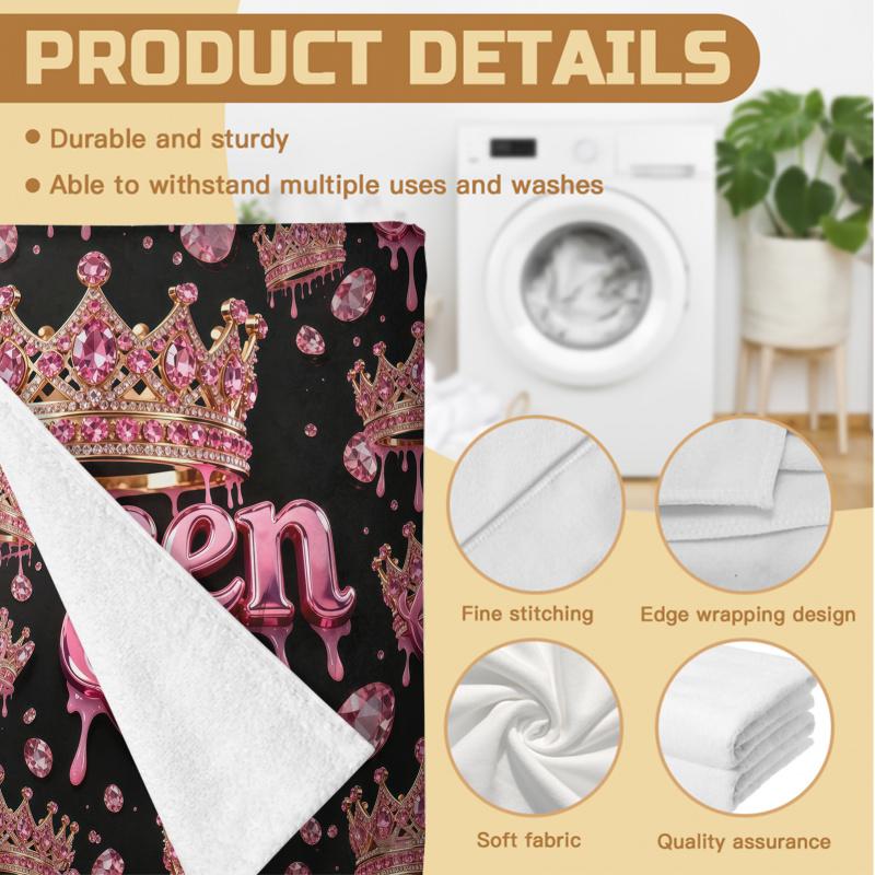 King Queen Crown Beach Towel - Extra Large Microfiber, Fast Drying, Black Gold Pink Print, For Pool Gym Yoga, Gift
