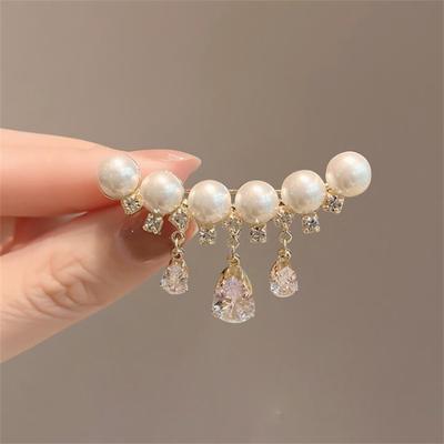 Elegant White Imitation Pearl Brooches For Women Gold Color Luxury Waterdrop Zircon Tassel Safety Pins Clothes Badges Jewelry