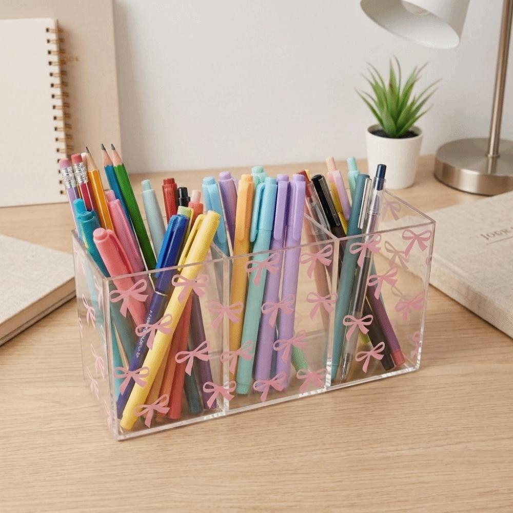 Transparent Makeup Brush Holder 3 Grids Stationery Storage Box Pen Display Case  for Living Room