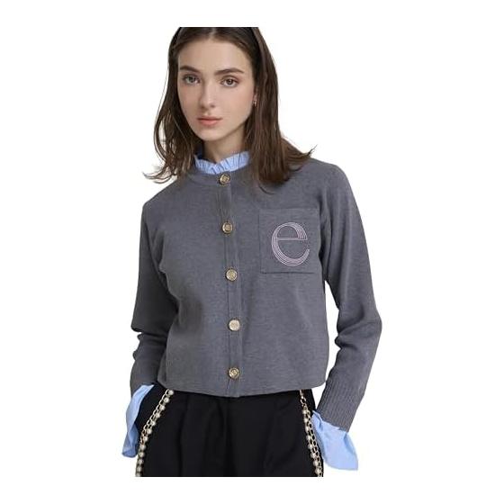 [EIMY ISTOIRE] Attached collar knit jacket (GREY) | Cardigan Women s Knit Long Sleeve Short Length Crew Neck Gray Cotton Blend Polyester Blend