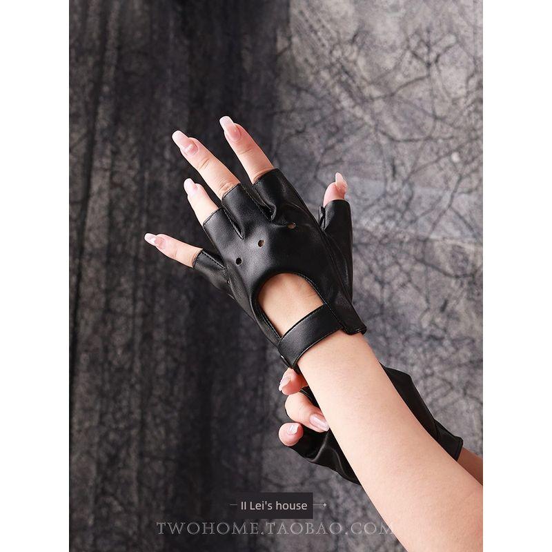 

Dark Saibo Punk Goth Half Finger Leather Gloves Lolita Female Performance Cos Mechanical Style Open Finger Half Soles Gloves Black All yards