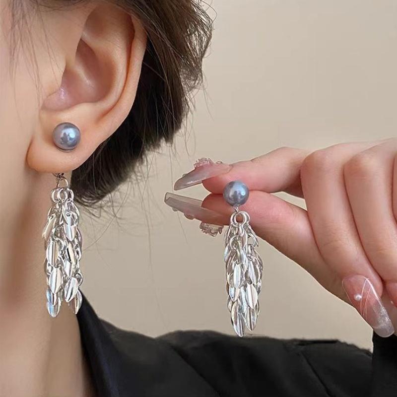 Retro Style Sparkling Wheat Tassel Earrings Fashionable Gray Pearl Earring Women New High End Sweet Earrings Jewelry Accessories