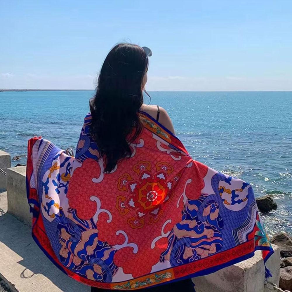 180Cm Leopard Print Flower Ethnic Style Scarf For Women'S Summer Sun Protection Silk Scarf, Paired With A Shawl Cape Beach Scarf