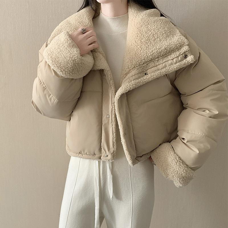College style lapel jacket women's imitation lamb wool cotton clothes loose double-sided wear bread clothes and cotton-padded clothes outside winter