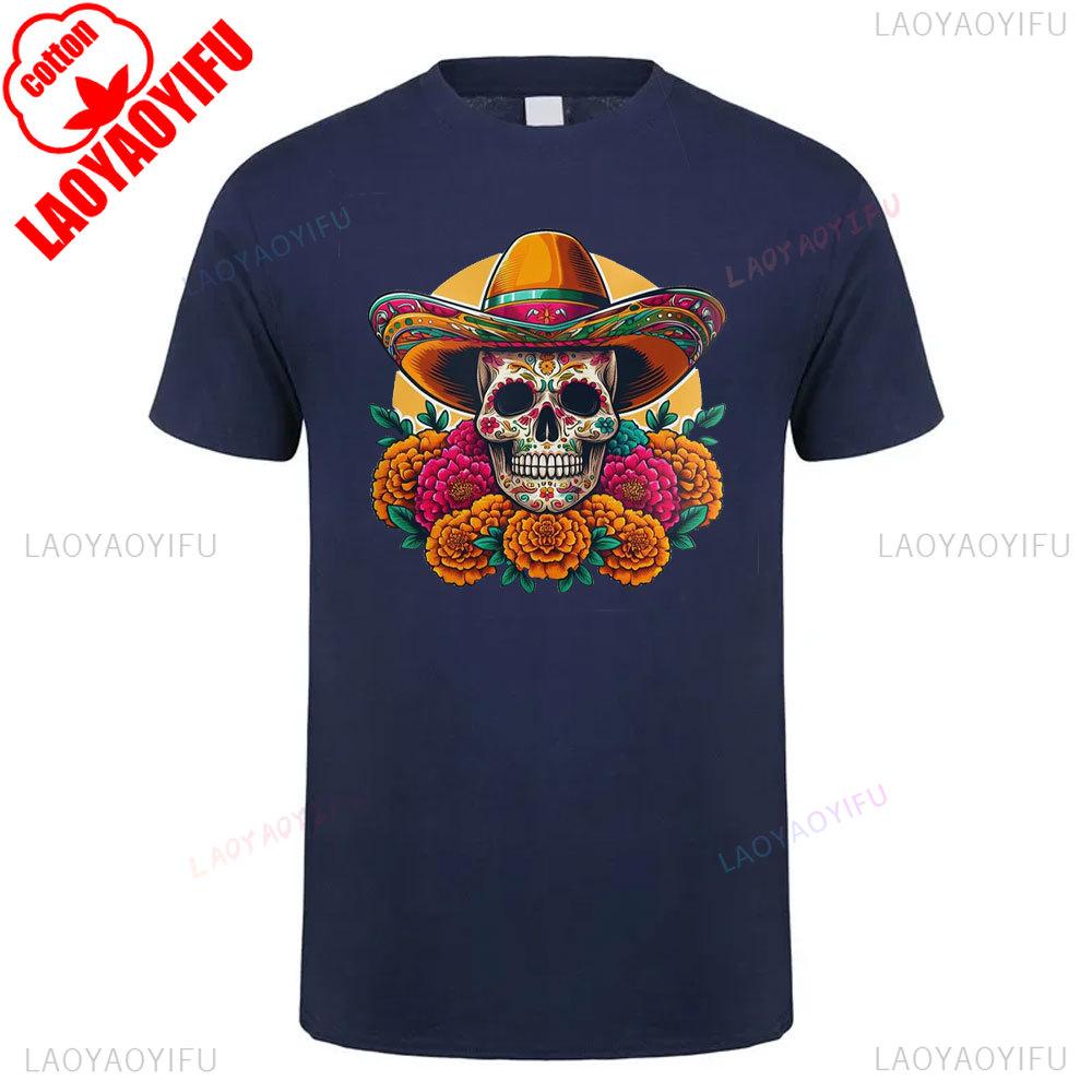 Mexican Skull Pattern Cotton Summer Tee Unisex Short Sleeve Round Neck Retro Style Graphic Shortsleeved Launched Casual Tshirt
