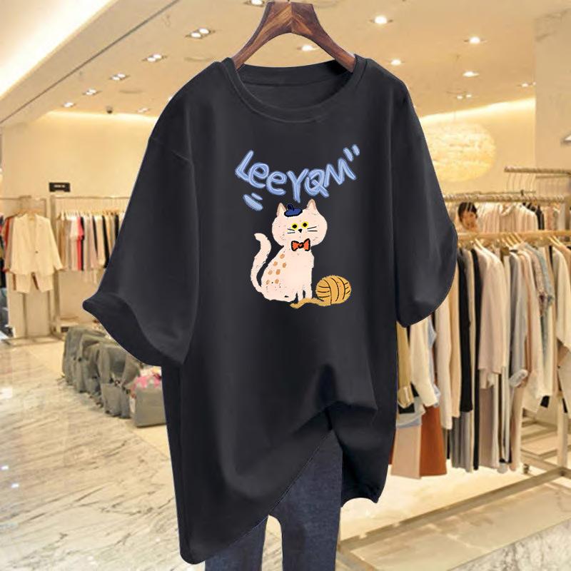 Pure Cotton T-shirt 2025 Spring and Summer New Cartoon Cat Print Top Foreign Style Bottoming Shirt Short Sleeve