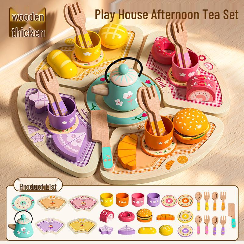 Wooden Tea Set Playhouse: Afternoon Tea Kitchen Toys for Kids Birthday Gift