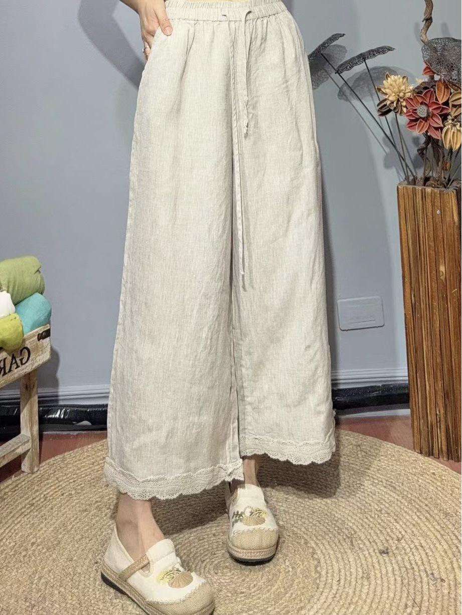 Women s 2026 Linen Elastic Waist Lace Hem Casual Pants One Size