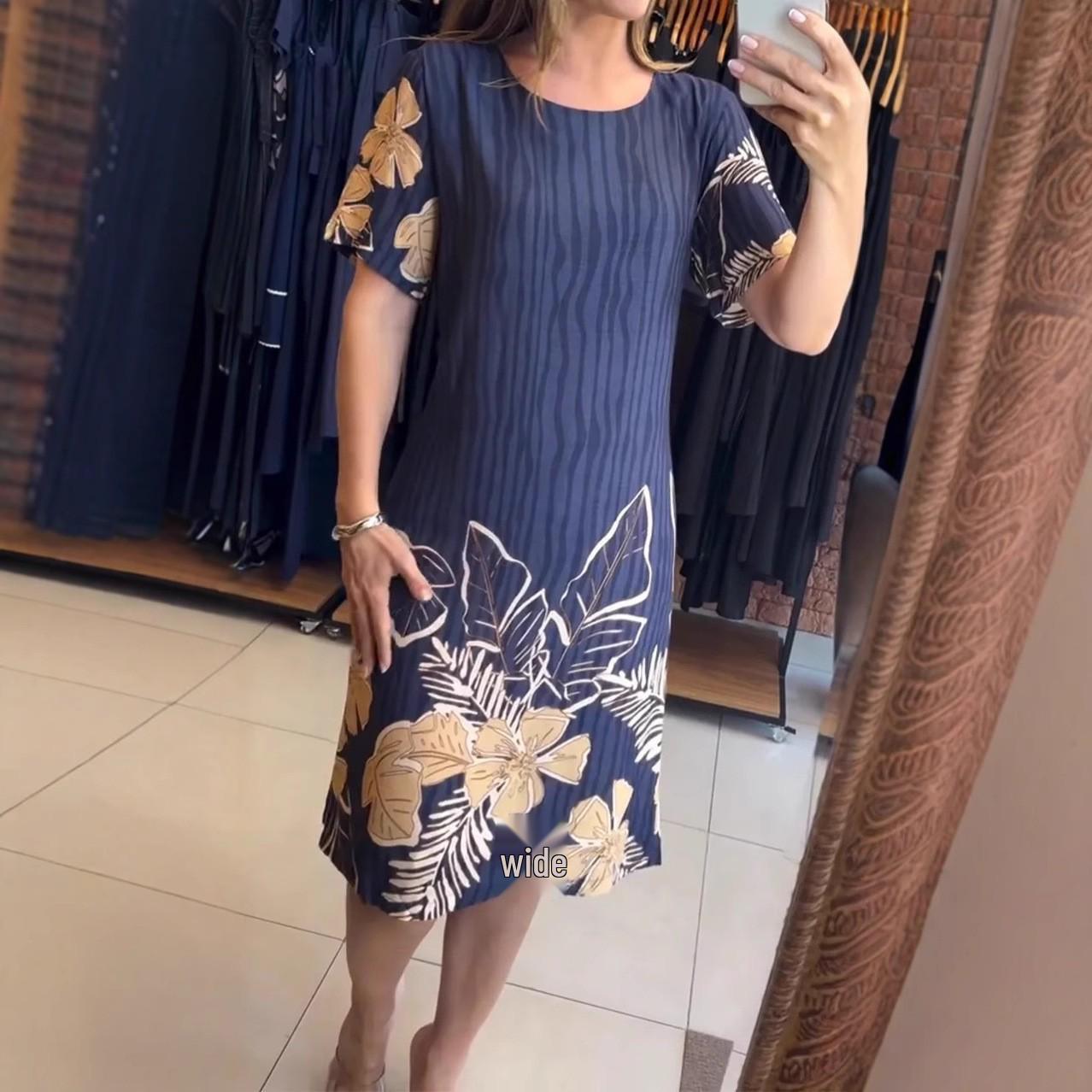 

2025 Women s Summer Cotton & Rayon Plus Size Loose Short Sleeve Over-the-Knee Dress XXXL