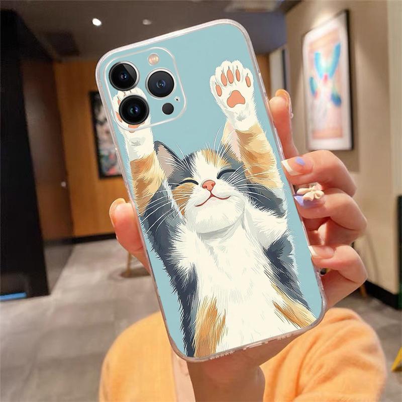 Cute White Cat Phone Case For iPhone 17 Pro Max Air 17 16 15 14 13 Pro Max 15 16 Pro 15Plus Silicone Cover