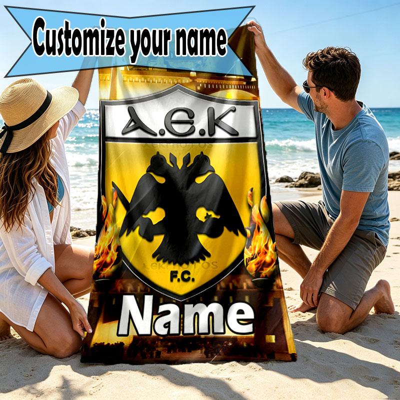 Custom Name Personalized AEK Athens FC Print Beach Towel, for Trip Camping Beach Party Home Decor, Birthday Gift for Family & Friends