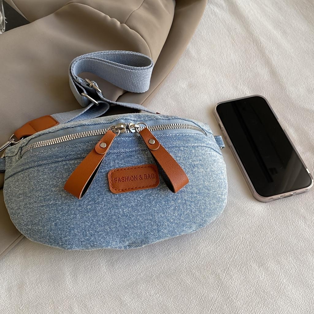 Vintage Denim Brusttasche für Damen Mode Vielseitige Reißverschluss Crossbody Bauchtasche mit Verstellbarem Breitem Schultergurt Stilvolle Outdoor-Hüfttasche