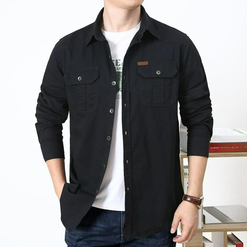 Men's Casual Loose Long-sleeved Shirt Spring and Autumn Plus Size Cotton Solid Color Young and Middle-aged Shirt