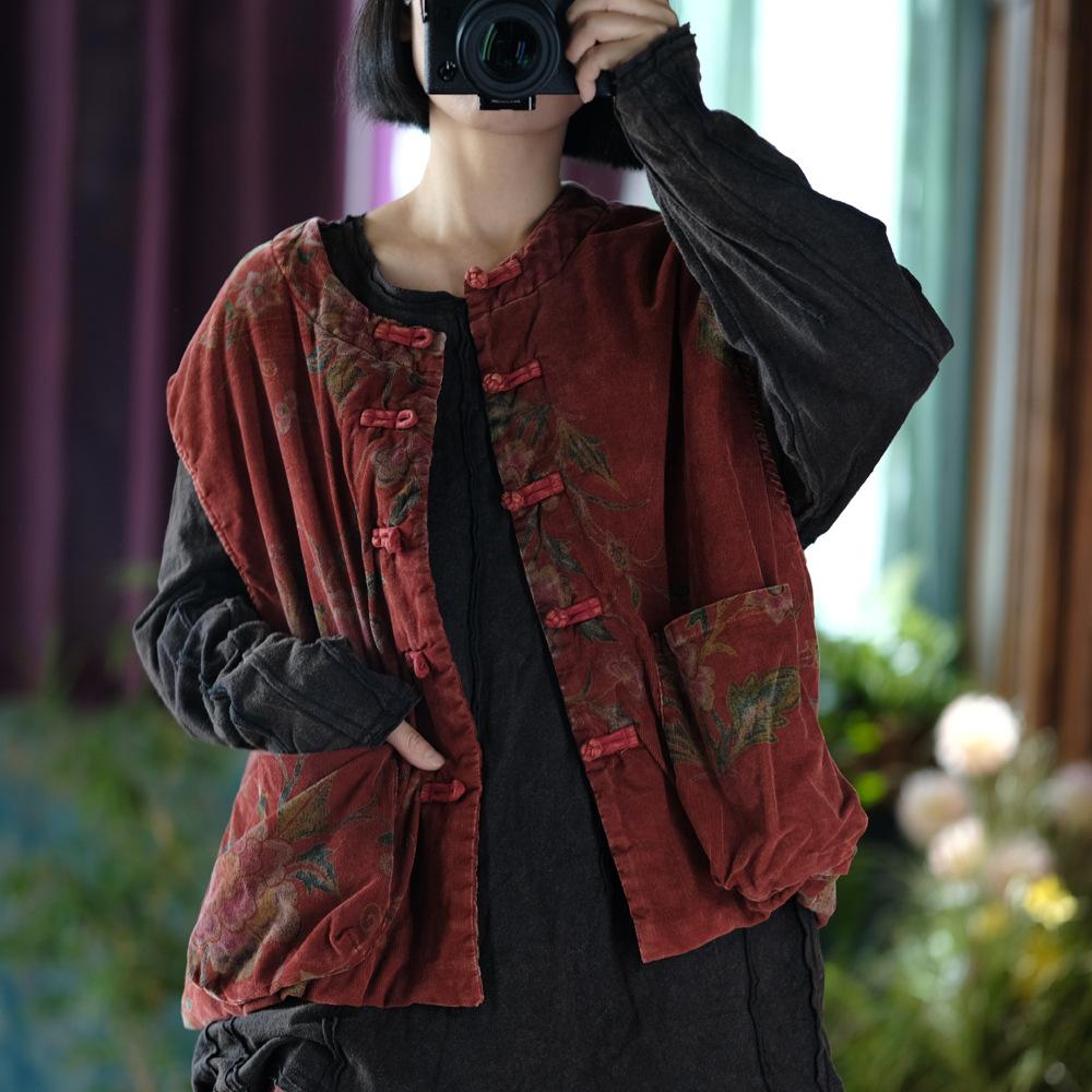 Johnature Women Coats O-Neck Sleeveless Print Floral Autumn Button Pockets Female Chinese Coats