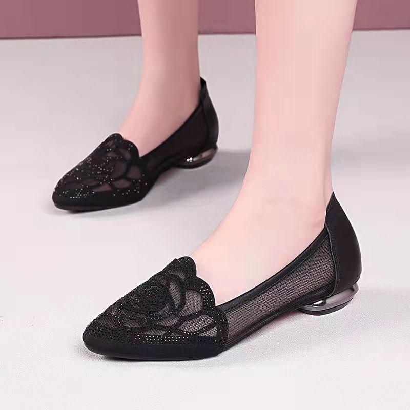 Large Size Hollow Breathable Sandals, New Low-heeled One-pedal Rhinestone Bag Head Mesh Pointed Single Shoes In Summer 2025