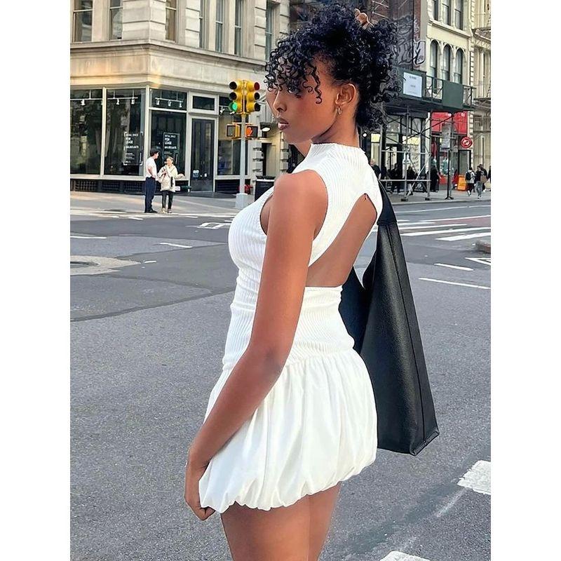 Solid Color Patchwork Backless Dress Women Pure Color Patchwork Backless Dress