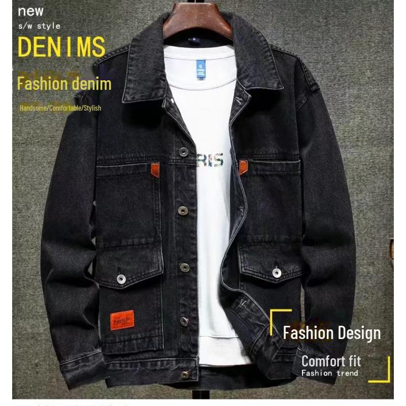 

Японская модная джинсовая куртка с лацканами 2022 года: Весна/Осень Многокарманный Свободный Покрой 5XL чёрный