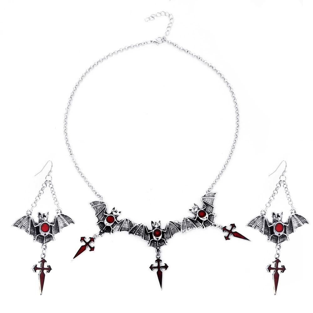 

New Dark Gothic Bat Cross Pendant Earrings Necklace Sets For Women Vintage copper Color Punk Goth Wizard Zircon Accessories