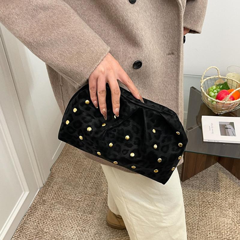 Trend Studded Women's Luxury Clutch Leopard Print Magnetic Clasp Clip Bag Designer High-end Cloud Bag Dinner Lipstick Coin Purse