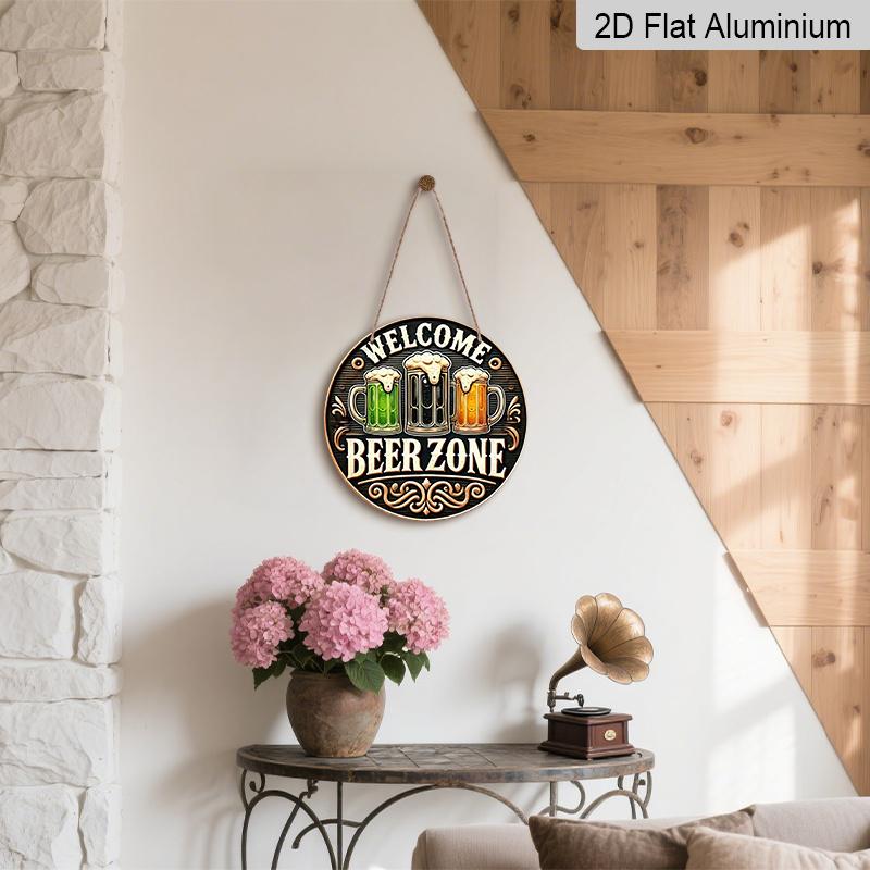 2D Flat Aluminum 7.87 Inch X 7.87 Inch Wall Hanging with Three Beers and Hops Design. Retro Beer Theme. Suitable for Bars, Living Rooms, Kitchens