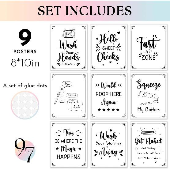 97 Decor Funny Bathroom Wall Art Prints - Funny Bathroom Signs, Black And White Art Posters For Restroom, Hello Sweet Cheeks Pictures Washroom