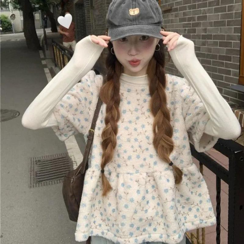 Мода Весна-Осень Ретро Цветочная Рубашка-Бэбидолл Женский Свободный Топ с Коротким Рукавом S