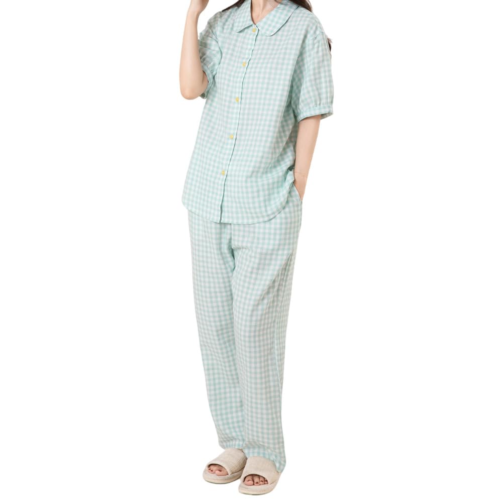 Yes Family Double Gauze Pajama Short Check Size Green Check Women's Set, 100% Cotton, Sleeves, Pattern, L,