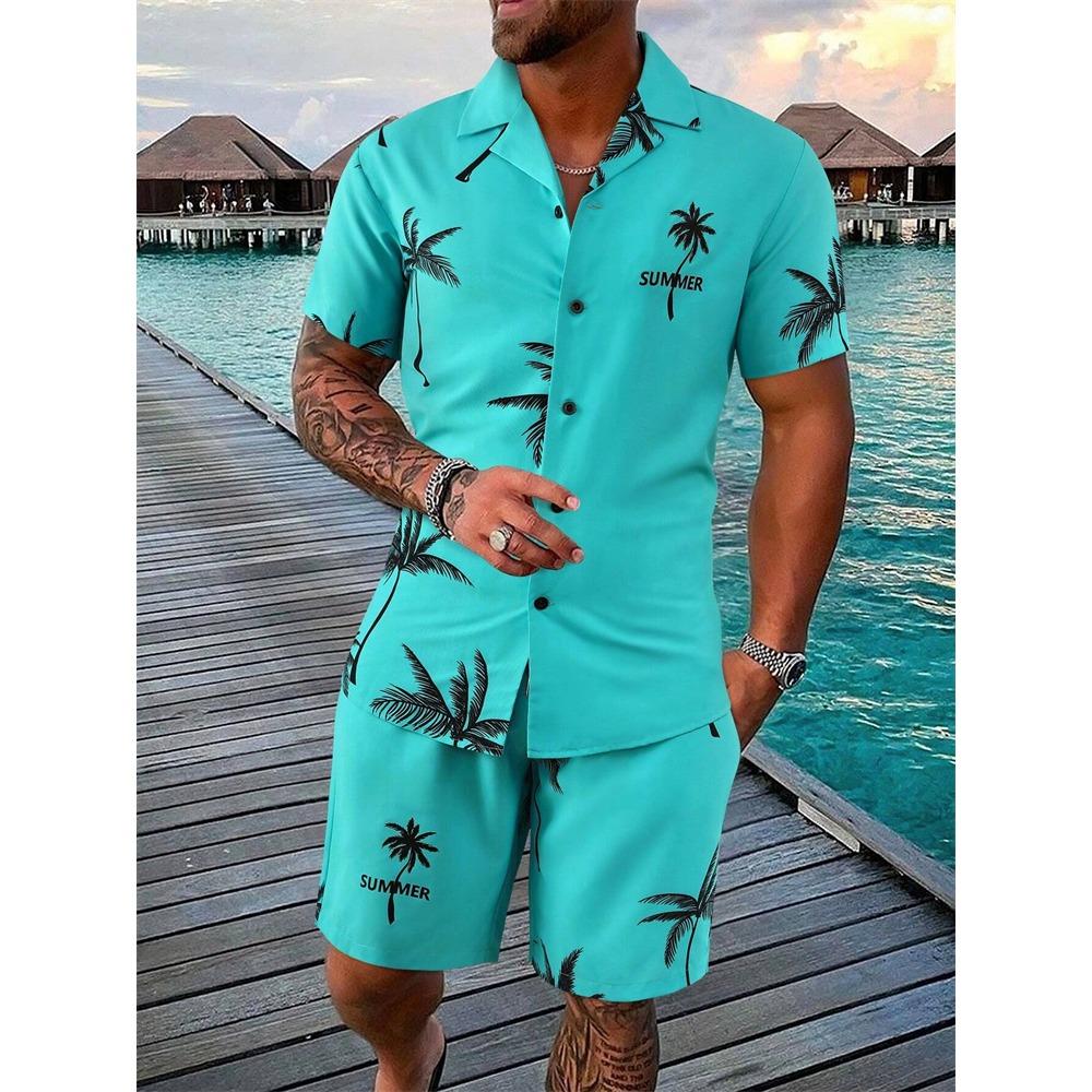 Summer New Men's Coconut Print Shirt Set High-quality Fashion Trend Shorts Hawaiian Style Casual Pool Top Outdoor Beach Two-piece Set