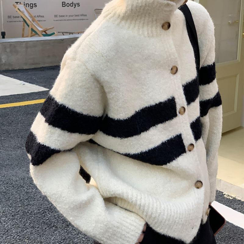 Französisch Vintage High Neck Gestreiften Pullover Mantel Strickjacke Frauen 2023 Herbst/Winter Neue Lose stricken Pullover Strickjacke Weibliche Top