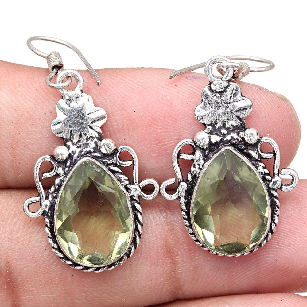 Green Amethyst Gemstone Handmade Gift For Her Silver Jewelry Earrings 1.5''