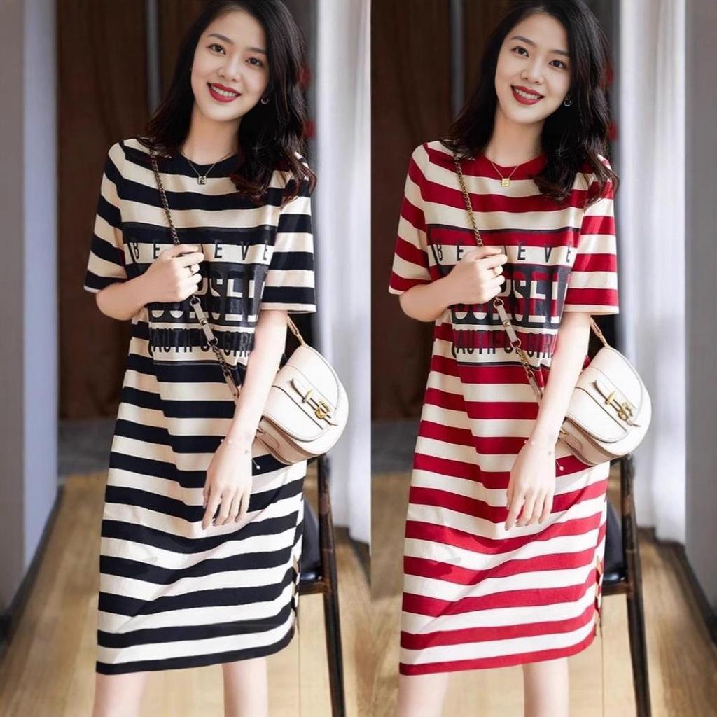 2025 Summer Korean Style Mid-Length Striped T-Shirt Dress for Women - Loose, Slimming, Short Sleeve, Versatile Fashion