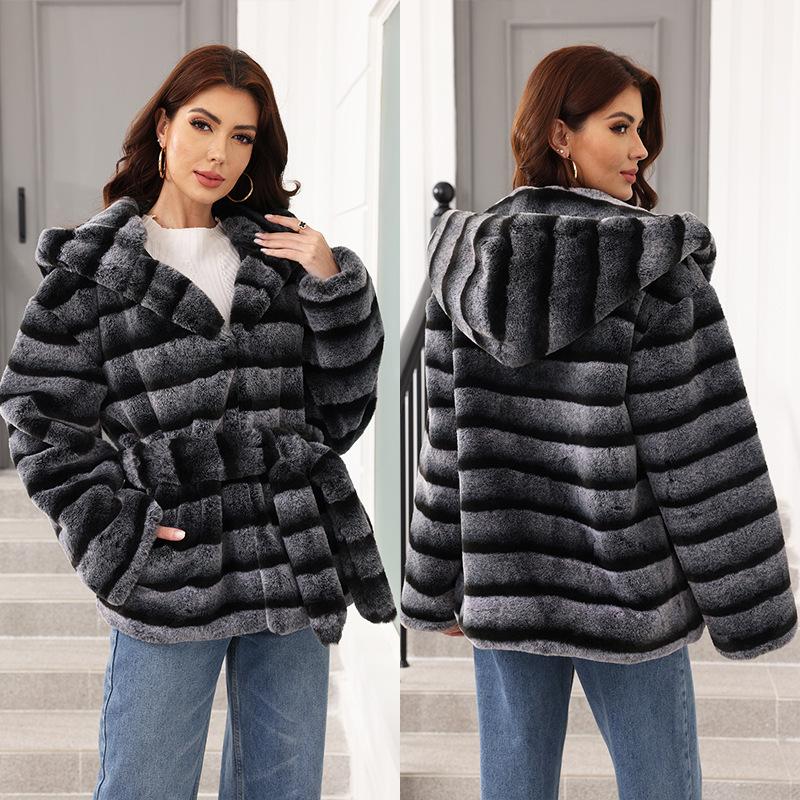 Giacca con Cappuccio e Cintura in Pelliccia da Donna Invernale Versatile Abbigliamento da Donna, Pelliccia