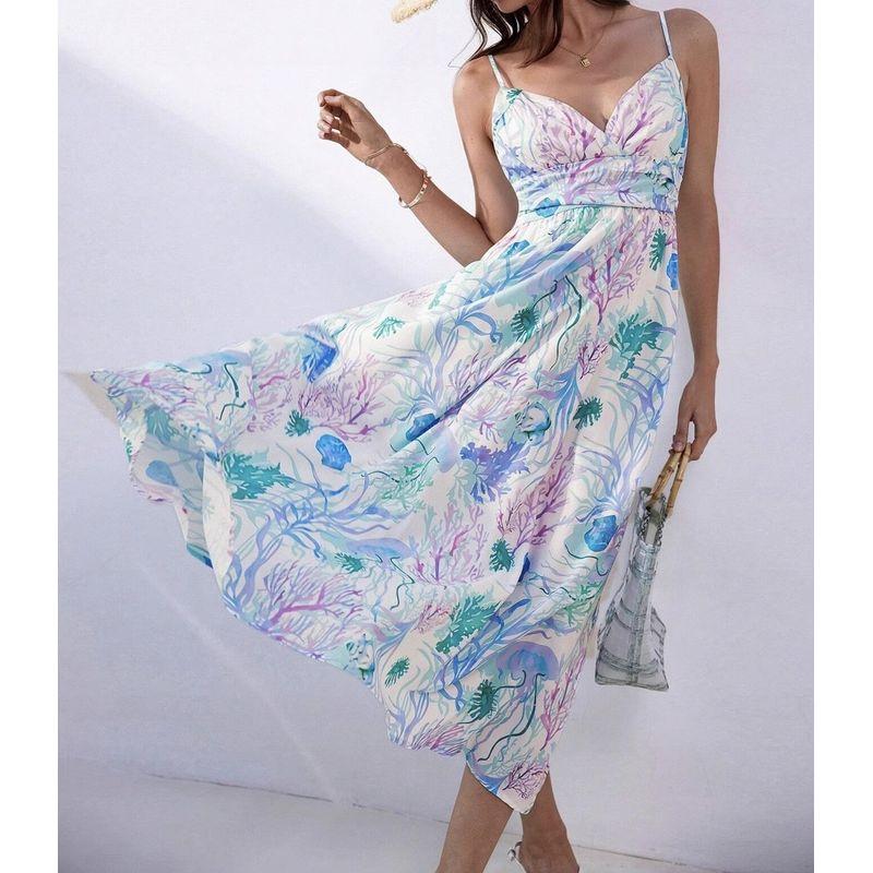 

Французский стиль Привлекательное Богемное Изысканный принт Платье-слинг Милое Большое С открытой спиной Большой подол Остров Санья Длинное платье Color L