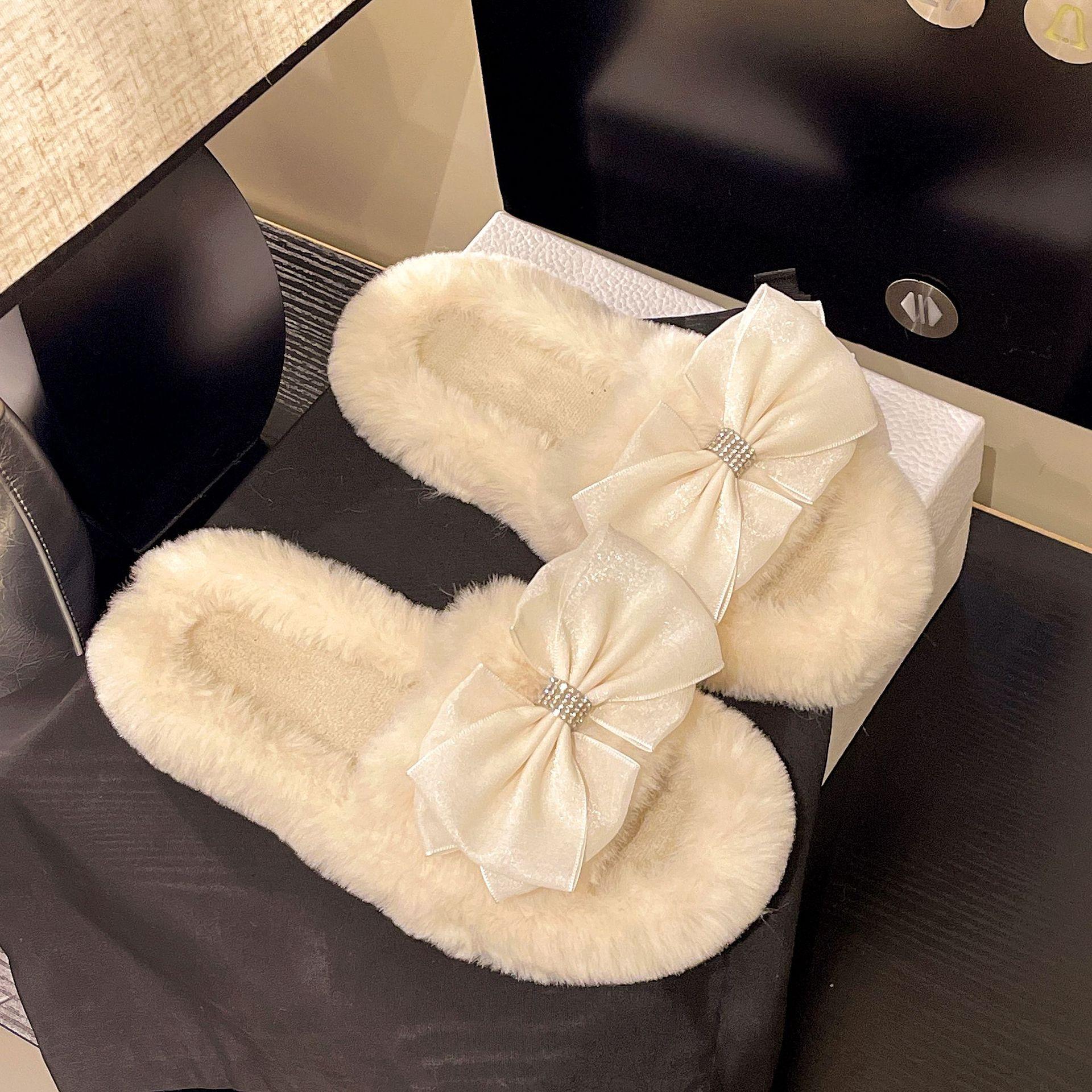 

Bow-tie fluffy slippers women s indoor 2025 autumn and winter large size soft bottom plush office home flat cotton slippers 35