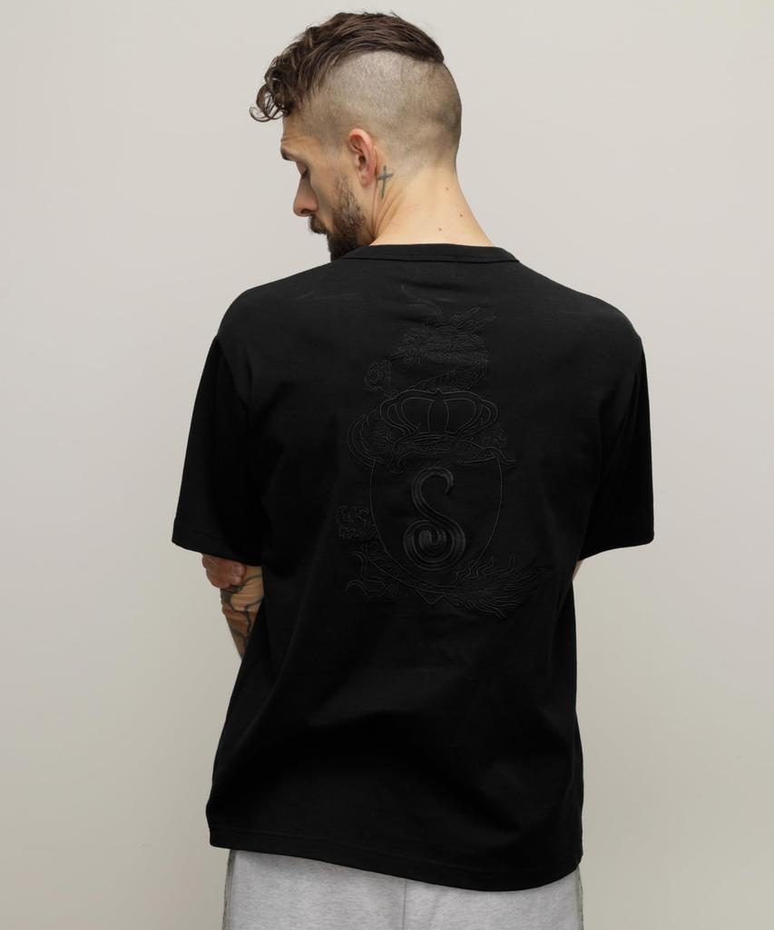 Schott Henley T-Shirt "Crest Dragon Embroidery" / Embroidered Henley T-Shirt "Crest Dragon" / 782-4134005 Men's Small 010 Black